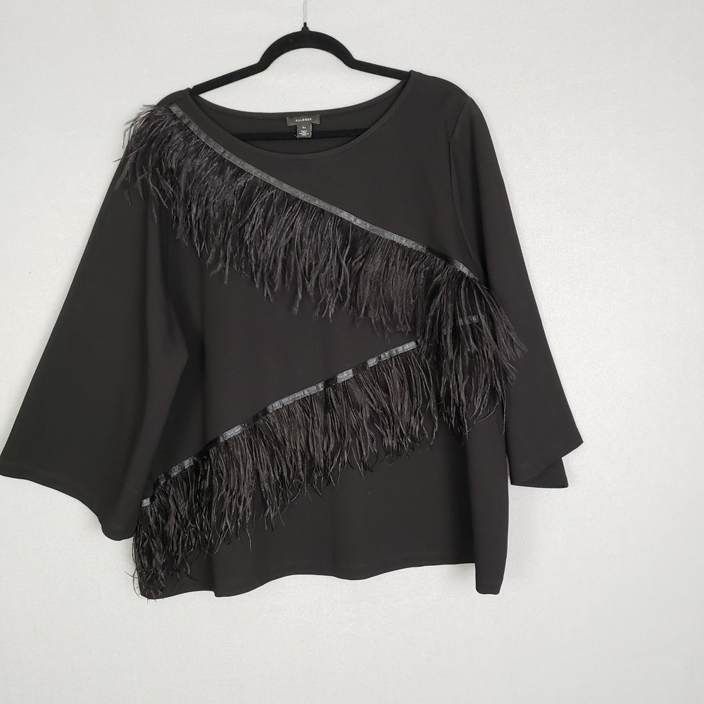 Halogen Size 3X Feather Fringe‎ Top Black Oversized Sleeve Party Cocktail Glam